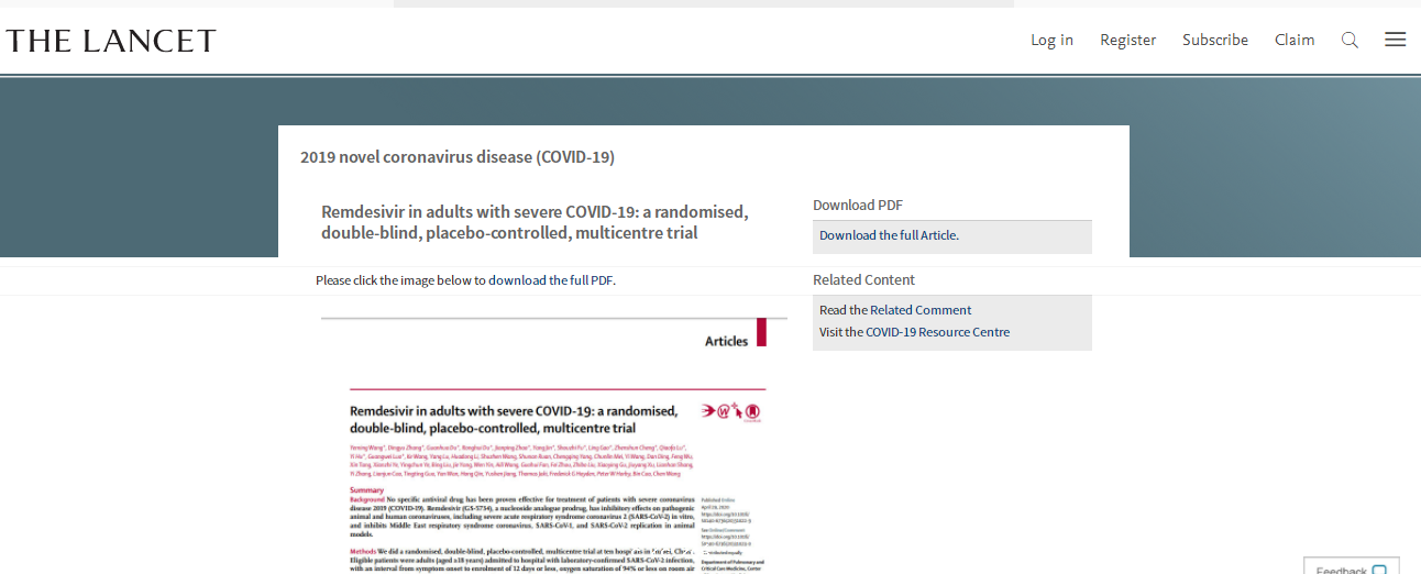 柳葉刀：中國研究稱瑞德西韋未顯示COVID-19重癥患者治療優勢 
