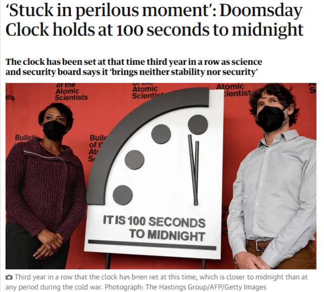 「陷入危險時刻！」世界「末日時鐘」再次揭幕，這次只剩100秒 