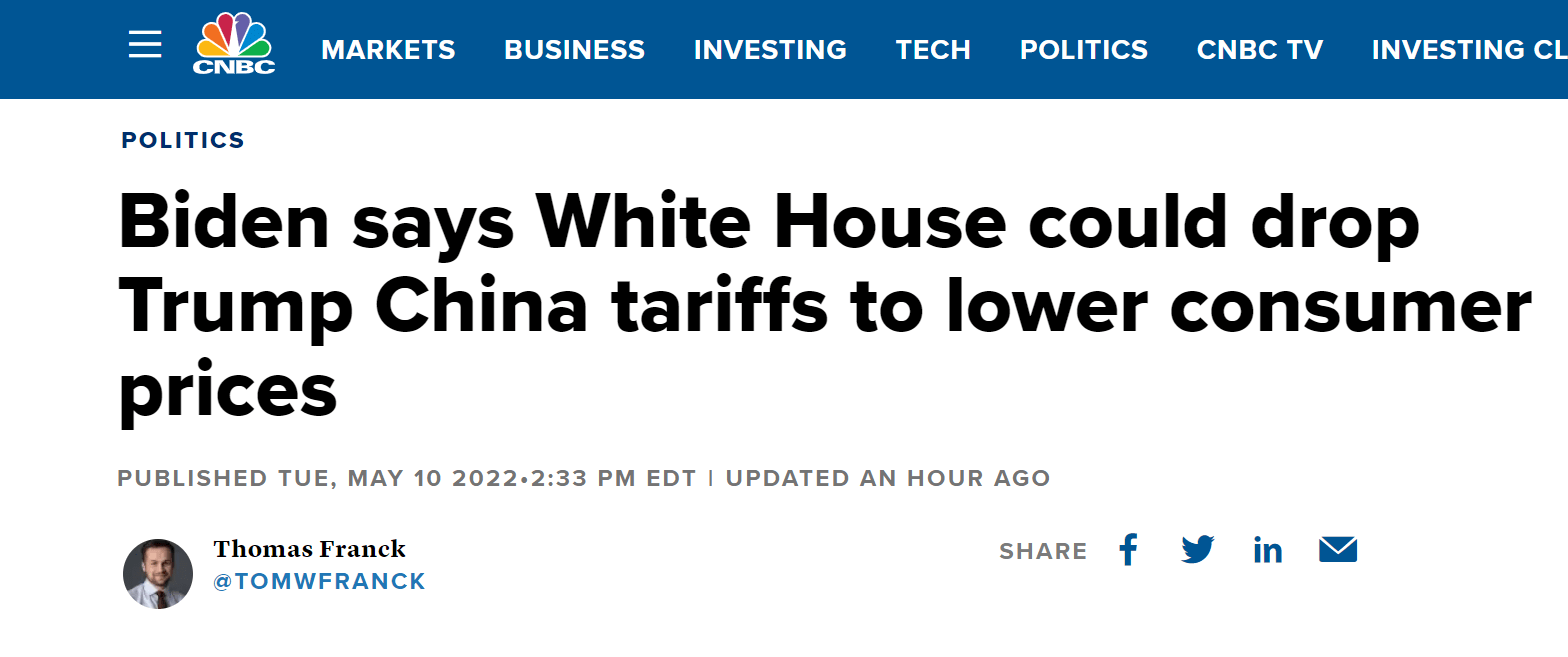 美媒：拜登稱有可能取消特朗普時期對中國産品加征的部分關稅，以應對通貨膨脹 